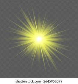 Yellow radial flare with glowing starburst, soft gradient and transparent background. Suitable for magical, festive or romantic visual design projects.