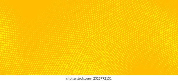 Fondo de medio tono radial amarillo. Textura de píxel de grano cómic retro. Papel tapiz de dibujos animados de puntos pixelados. Dibujo pop que se desvanece en el patrón de gradiente ondulado. El vector se desvanece como fondo de fondo.