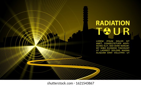 Yellow radiation rays as a symbol of radioactive danger with road to the Nuclear Power Plant. Vector radiation tour banner with Chernobyl Nuclear Power Plant silhouette.