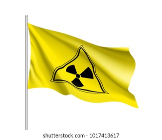 Yellow radiation sign triangle on yellow, realistic waving banner. Warning about threat to life, dangerous factory or plant, the production or storage of various substances. Vector illustration