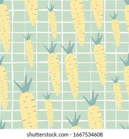 Yellow radish root seamless pattern on stripes background. Creative turnip wallpaper in doodle style. Design for fabric, textile print, wrapping paper, kitchen textiles. Vector illustration