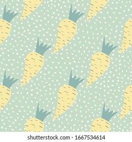Yellow radish root seamless pattern on dots background. Vegetarian healthy food wallpaper in doodle style. Design for fabric, textile print, wrapping paper, kitchen textiles. Vector illustration