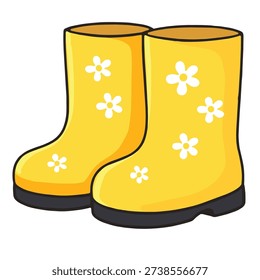 A yellow rain boot, floral pattern, cartoon style, waterproof, cheerful, spring footwear