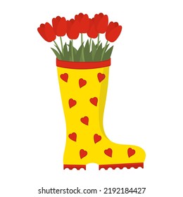 Yellow Rain Boot With Hearts And Red Tulips Bouquet. Cute Gumboot. Wellington. Spring Illustration. Isolated Flat Vector Illustration On White Background