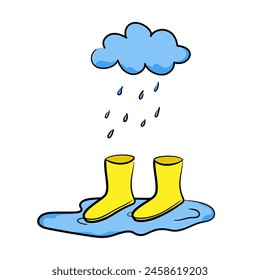 Yellow rain boots with cloud and puddle in hand-drawn style, concept about a rainy season. Isolated vector illustration for print, digital and more design.