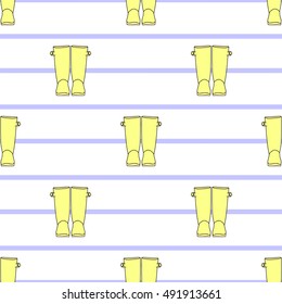 Yellow rain boots on striped background. Seamless pattern.