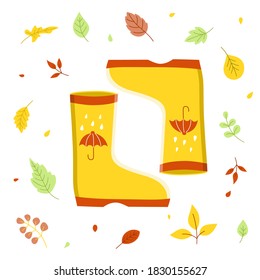 Yellow rain boots on the white background with colorful leaves, autumn greeting cards, banner. Vector illustration in flat style.