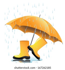 Yellow rain boots and umbrella in puddle. EPS 10 vector. grouped for easy editing. No open shapes or paths.