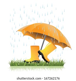 Yellow rain boots and umbrella in spring grass. EPS 10 vector. grouped for easy editing. No open shapes or paths.