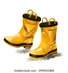 Yellow rain boots. watercolor drawing of shoes. Children's shoes 