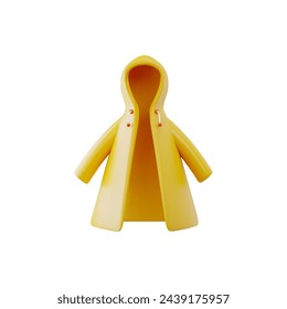 Yellow rain coat clothing with hood 3D style icon. Cartoon coat protects from rain, autumn seasonal outerwear, camping rain dress. Vector render illustration isolated on white background