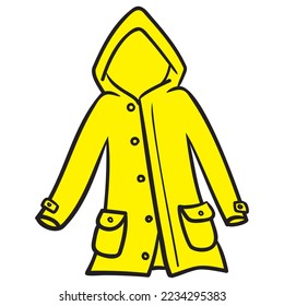 yellow rain jacket with hood and pockets. vector graphic, illustration.