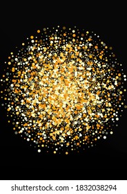 Yellow Rain Rich Black Background. Paper Polka Invitation. Gold Confetti Modern Texture. Dot Christmas Postcard.