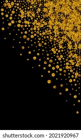 Yellow Rain Rich Vector Black Background. Golden Circle Card. Golden Sequin Christmas Invitation. Sparkle Abstract Wallpaper.