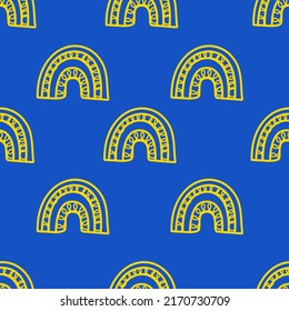 Yellow rainbow with Ukraine flag colors  seamless pattern on blue background for fashion print, wallpaper, gift wrapping paper etc.