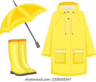 yellow raincoat, boots and umbrella on white background vector