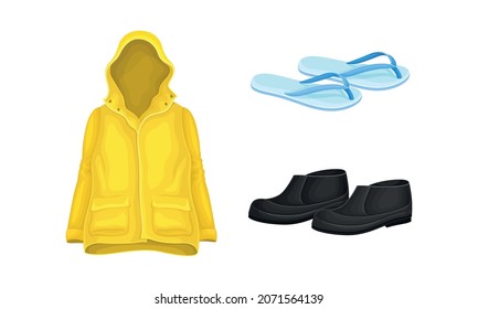 Yellow Raincoat with Hood and Overshoes as Waterproof Protective Wear for Rainy Weather Vector Set