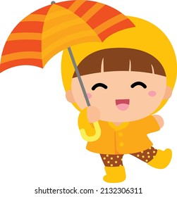 Yellow Raincoat Kid with Orange Umbrella Kids Clipart Vector