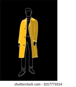 Yellow raincoat with man, vector art, white stroke, black