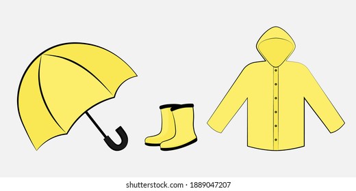 Yellow raincoat, rainboots and umbrella vector flat icons set, Flat design of rainy weather clothing isolated vector illustration on light grey background