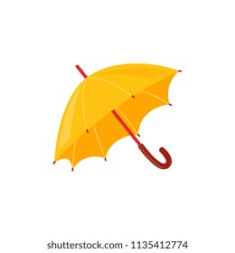 Yellow rainy umbrella isolated on white background - autumn or spring accessory for seasonal design in flat style. Vector illustration of weather element for water protection.
