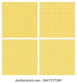 Conjunto de fondos de patrón sin fideos de pasta de ramen amarillo. líneas de onda de Vector adorno geométrico abstracto de la comida asiática. Patrones sin fideos de pasta de fideos de trigo ramen, plato de sopa japonés