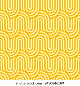 Fondo de patrón sin fideos de ramen amarillo para el menú de cocina asiática japonesa o china, cubierta vectorial. Línea de onda de pasta abstracta o fideos ramen mosaico de patrón de arte con adorno de zigzag curva