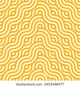 Yellow ramen noodles pasta pattern, seamless background. Vector tile featuring enticing, delectably intertwined macaroni or spaghetti strands, forming an appetizing and visually pleasing ramen waves