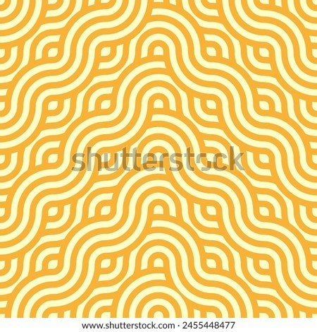 Yellow ramen noodles pasta pattern, seamless background. Vector tile featuring enticing, delectably intertwined macaroni or spaghetti strands, forming an appetizing and visually pleasing ramen waves