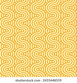 Yellow ramen pasta noodles pattern. Vector seamless tile background, featuring intertwined macaroni or spaghetti strands and wavy ornament, Wallpaper with appetizing textured waves of soba or ramen