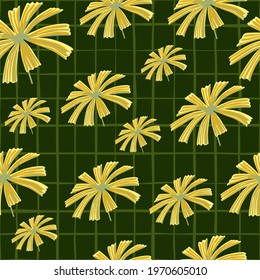 Yellow random palm licuala silhouettes seamless pattern. Green chequered background. Doodle print. Perfect for fabric design, textile print, wrapping, cover. Vector illustration.