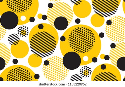 Yellow random round geometry seamless pattern. Vector illustration surface design for print and web. Memphis post-modernist style motif. Pop art repeatable fabric sample.
