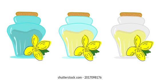 Yellow rape flowers, canola oil in a glass jar or bottle - health and beauty. Brassica napus. Canola. Vetor, Illustration.