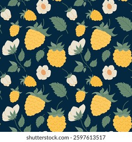 Yellow raspberry hand drawn illustrations. Raspberries pattern seamless