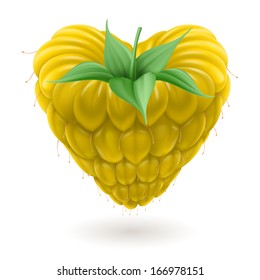 Yellow raspberry heart with green leaves. Illustration on white background.