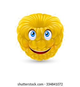 Yellow Raspberry smiling face expression cartoon character on white