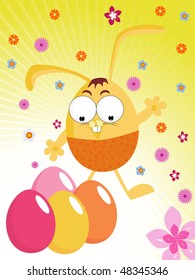 yellow rays background with colorful bloom and easter eggs