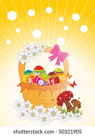 yellow rays background with dots decorated basket, blossoms