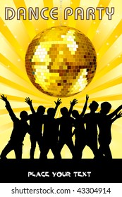 yellow rays background with hanging disco ball, audience silhouette