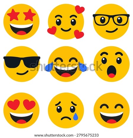 Yellow reaction face character set illustration with love eyes, star eyes, cool glasses, tears, surprised look and happy faces for social media, chat, app stickers and digital message design