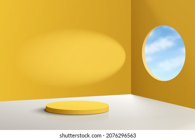 Yellow realistic 3D cylinder pedestal podium with blue sky in circle window. Pastel minimal scene for products showcase, Promotion display. Vector abstract studio room with geometric platform design. 