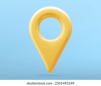 Yellow realistic 3D map pin pointer icon. Isolated on a blue background. Vector illustration.