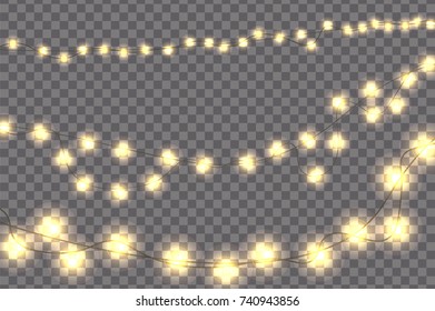 Yellow realistic Christmas lights decorations set isolated on transparent background. For greeting cards. Vector illustration