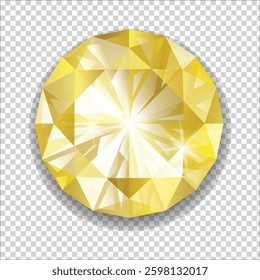 Yellow realistic diamond with glars, isolated on transparent background, vector (EPS) editable illustration