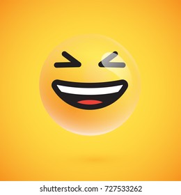 Yellow realistic emoticon laughing face, vector illustration