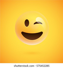 Yellow realistic emoticon smiley face, vector illustration