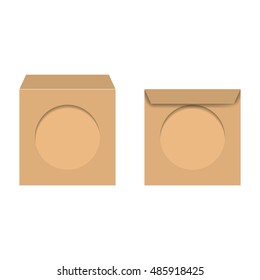 Yellow realistic envelope with a window for CD, isolated on white background, vector illustration.