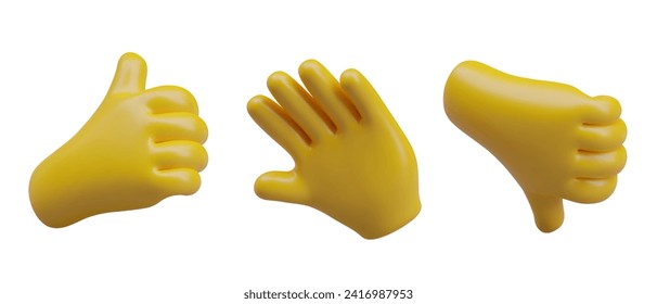 Yellow realistic hands show different gestures. Cheers, thumbs up and down. Popular signs and symbols. Set of isolated vector illustrations in plasticine style