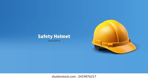 Gelber realistischer Helm für Kopfschutz. 3D. Banner für Design-Konzepte in den Bereichen Konstruktion, Konstruktion, Sicherheit und Lebensschutz. Vektorgrafik