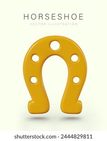 Yellow realistic horseshoe on colored background. Symbol of good luck, success